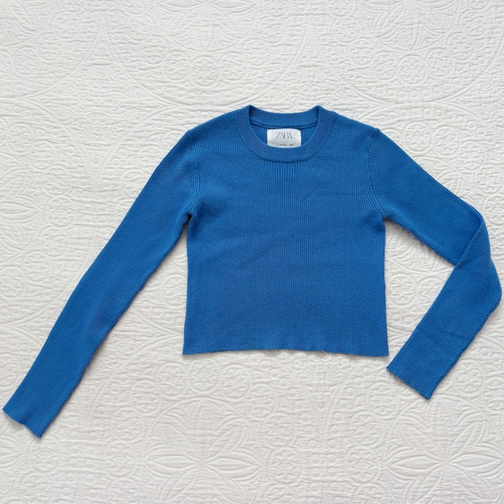Zara Girls' Ribbed Longsleeve Crewneck Cropped Sweater Top, Blue Sz 11-12